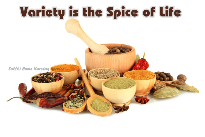 A diverse array of spices and herbs showcased by Sakthi Home Nursing Service, highlighting the rich culinary options in Coimbatore's home cooking services.