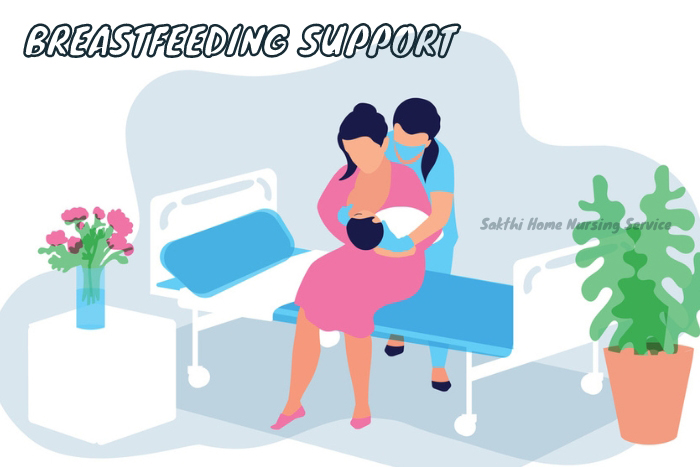 Expert lactation guidance offered by Sakthi Home Nursing Service, aiding a breastfeeding mother in Coimbatore for a healthy start for her newborn.