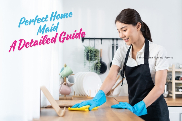 Diligent home maid from Sakthi Home Nursing Service in Coimbatore cleaning a kitchen counter, exemplifying the service's commitment to finding the perfect home care solution.