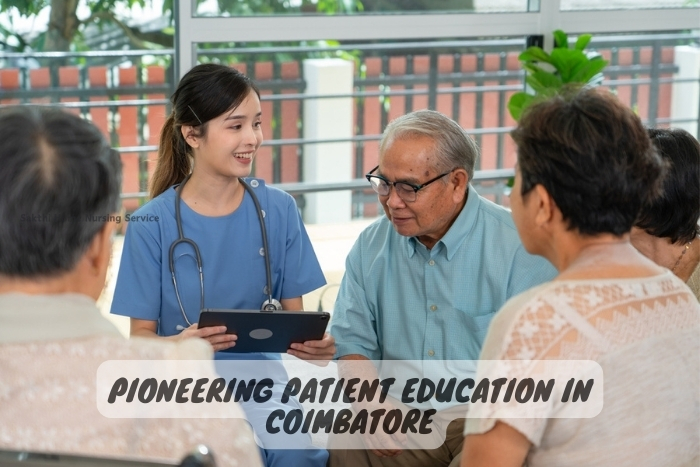 A Sakthi Home Nursing Service nurse in Coimbatore engaging with elderly patients, exemplifying the service's dedication to pioneering patient education and proactive health management