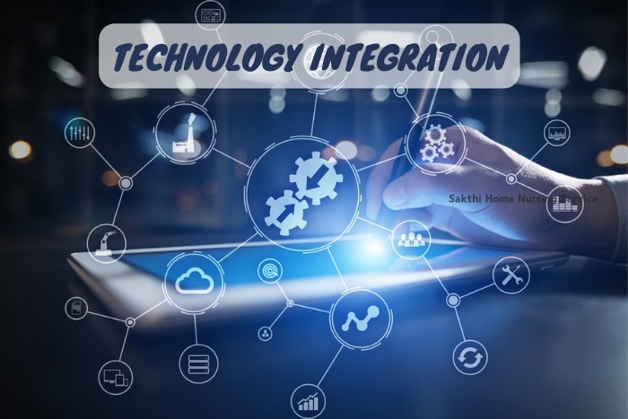 A hand interacting with a digital interface featuring connectivity icons, representing the advanced technology integration in Sakthi Home Nursing Service's healthcare solutions in Coimbatore