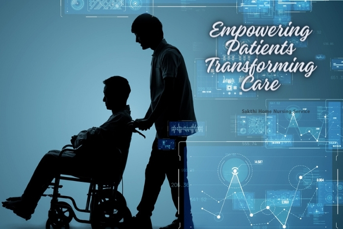 Silhouette of a caring Sakthi Home Nursing Service professional and a patient in a wheelchair against a backdrop of digital healthcare interfaces, representing the integration of technology in transforming patient care in Coimbatore