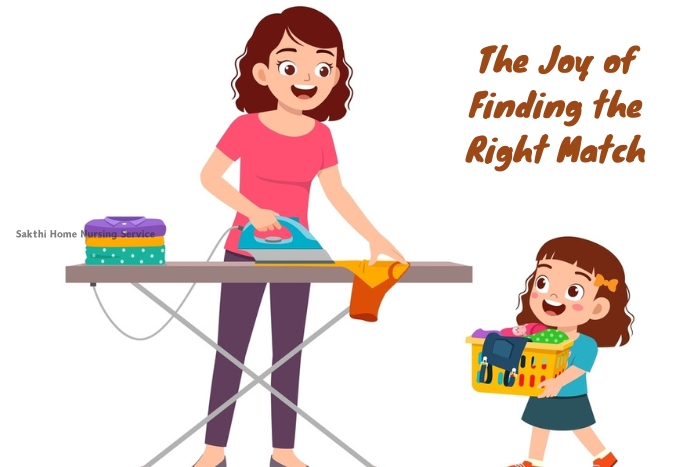 A cheerful Sakthi Home Nursing Service home maid ironing clothes with a playful child nearby, representing the joy of finding the right match for home care in Coimbatore.