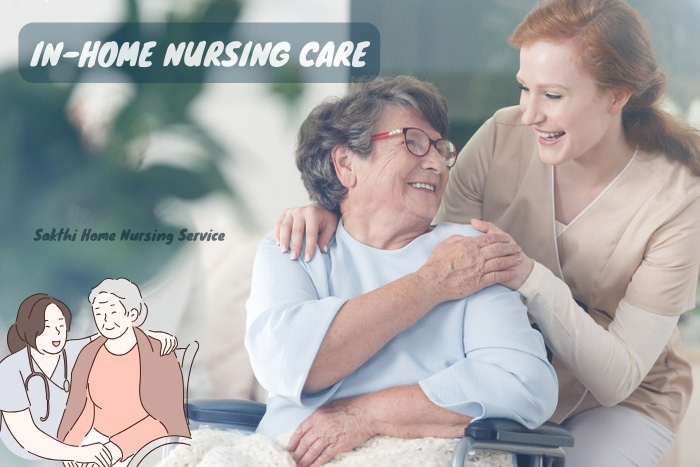 Elderly lady enjoying a joyful interaction with her attentive Sakthi Home Nursing Service caregiver in the comfort of her Coimbatore home, embodying quality in-home nursing care.