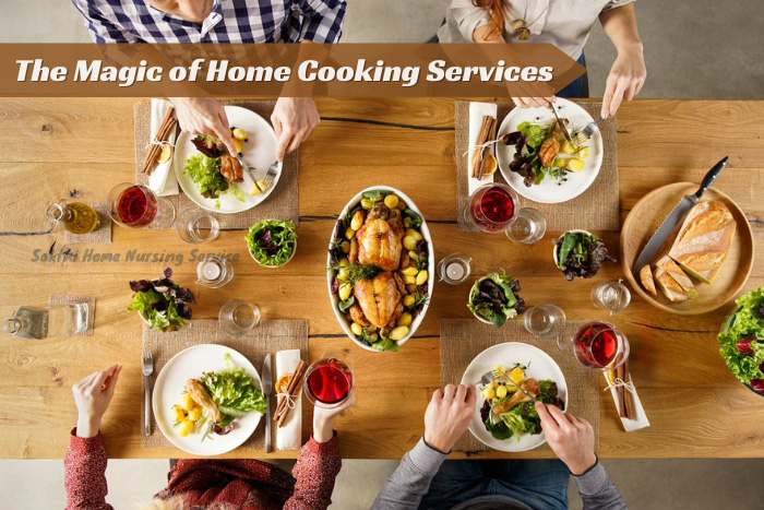 Group gathering around a table filled with dishes prepared by Sakthi Home Nursing Service in Coimbatore, exemplifying the charm of home cooking services.