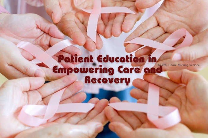 Multiple hands holding pink ribbons, symbolizing Sakthi Home Nursing Service's commitment to patient education and support in the journey of care and recovery in Coimbatore