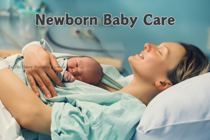 A new mother and her infant experiencing the caring touch of Sakthi Home Nursing Service's newborn baby care in Coimbatore.