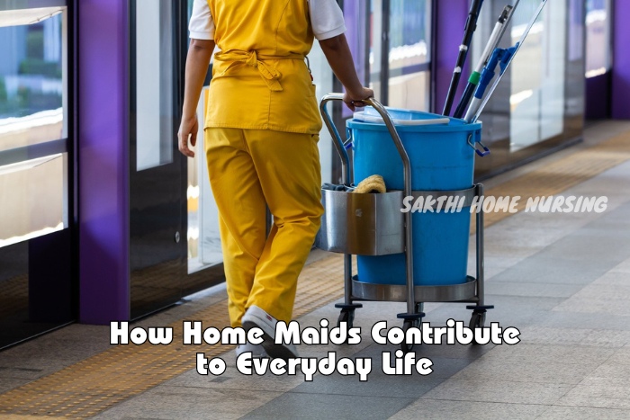 A Sakthi Home Nursing Service maid in yellow uniform pushing a cleaning cart in Coimbatore, highlighting the essential role of professional cleaning services in maintaining public and private spaces.