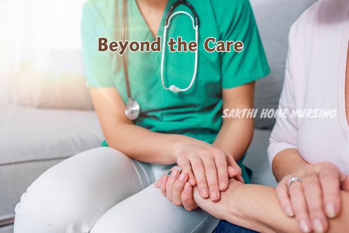 Sakthi Home Nursing Service caregiver providing compassionate support and holding the hand of an elderly patient in Coimbatore, illustrating the empathetic care that goes beyond traditional medical attention.