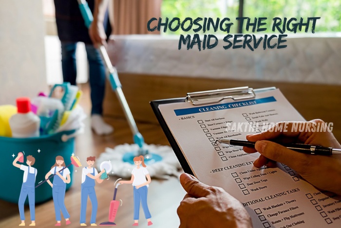 Choosing the right maid service in Coimbatore with Sakthi Home Nursing. Person holding a cleaning checklist clipboard while another person mops the floor, with cleaning supplies visible in a bucket