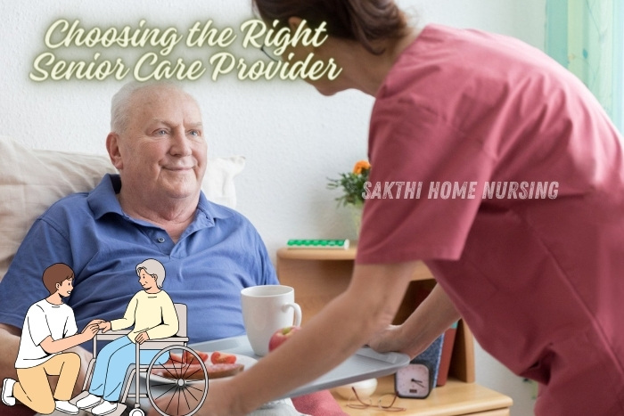 Choosing the right senior care provider in Coimbatore by Sakthi Home Nursing. Caregiver in a pink uniform serving a meal to a smiling elderly man in bed, highlighting compassionate and personalized senior care services