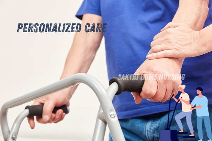 Personalized care services in Coimbatore by Sakthi Home Nursing. Close-up of a caregiver's hand supporting an elderly person using a walker, emphasizing customized and compassionate care