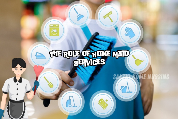 The role of home maid services in Coimbatore by Sakthi Home Nursing. Close-up of a person holding a cleaning brush surrounded by icons representing various cleaning tasks and tools