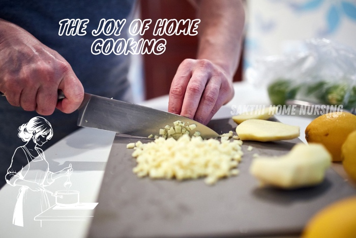 Close-up of hands skillfully chopping garlic and lemons, illustrating the joy of home cooking promoted by Sakthi Home Nursing Service in Coimbatore