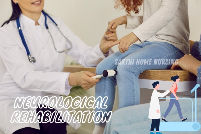 Neurological rehabilitation services in Coimbatore by Sakthi Home Nursing. Doctor conducting a physical examination on a patient's knee with a reflex hammer, highlighting specialized care for neurological conditions