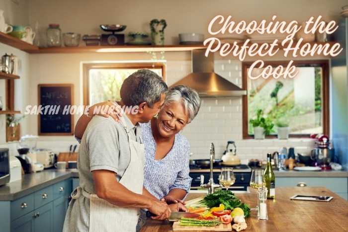 Elderly couple joyfully preparing vegetables together in their kitchen in Coimbatore, embodying the warmth and personal touch provided by Sakthi Home Nursing Service's perfect home cook services.