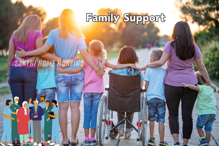 Family support services in Coimbatore by Sakthi Home Nursing. Group of family members, including a person in a wheelchair, embracing each other outdoors at sunset, symbolizing unity and comprehensive care for all ages