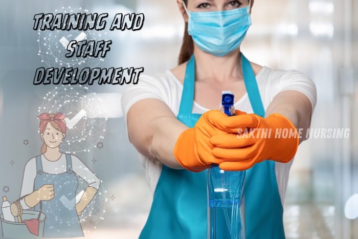 Training and staff development in Coimbatore by Sakthi Home Nursing. Female professional cleaner wearing a mask and gloves, holding a spray bottle, emphasizing rigorous training programs