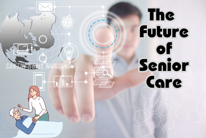 Innovative digital interface showcasing future technologies in senior care, with a graphic of a Sakthi Home Nursing Service caregiver assisting an elderly patient, representing the advanced future of elder care in Coimbatore