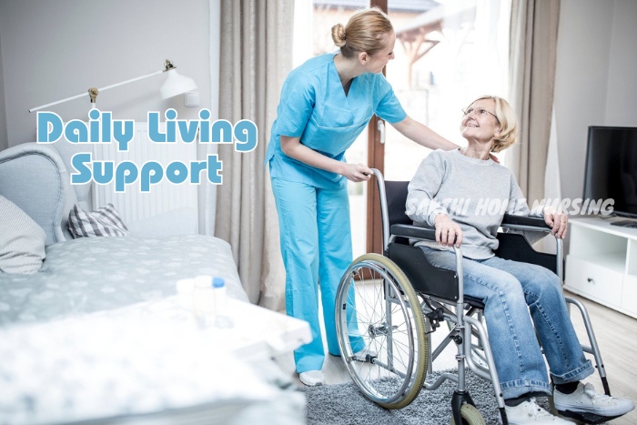 Sakthi Home Nursing Service nurse assisting an elderly woman in a wheelchair, providing essential daily living support in a home setting in Coimbatore, ensuring comfort and mobility.