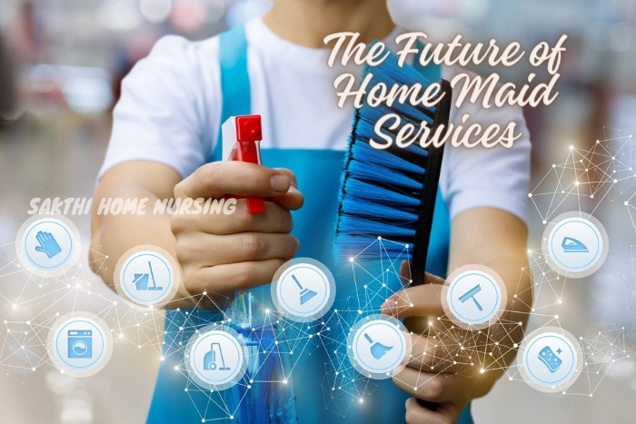 A Sakthi Home Nursing Service maid holding cleaning tools integrated with digital technology icons, illustrating the innovative future of home maid services in Coimbatore with advanced tools and connectivity.