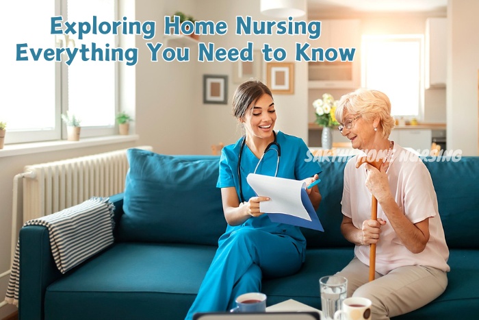 Sakthi Home Nursing Service nurse discussing healthcare plans with a smiling elderly woman in her Coimbatore home, illustrating personalized home nursing care focused on patient education and comfort.