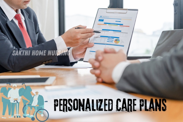 Personalized care plans in Coimbatore by Sakthi Home Nursing. Professionals discussing detailed care plans on a clipboard, highlighting tailored healthcare solutions and comprehensive senior care management.