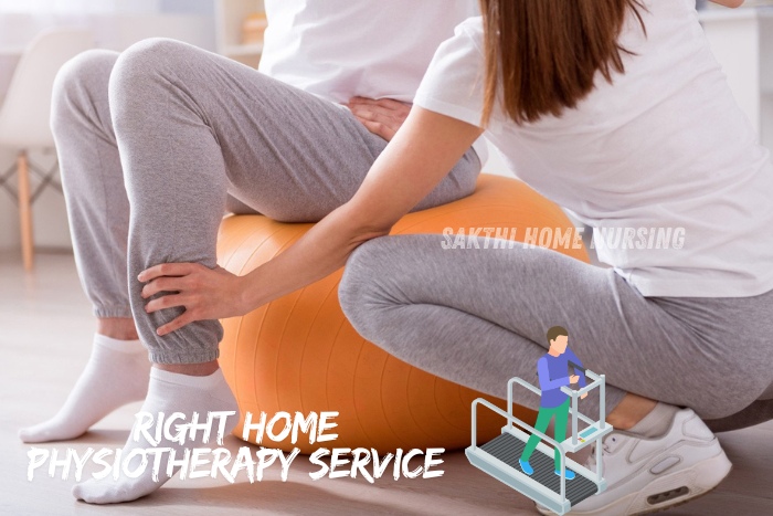 Right home physiotherapy service in Coimbatore by Sakthi Home Nursing. Physiotherapist assisting a patient with exercises on an orange stability ball, highlighting personalized in-home rehabilitation