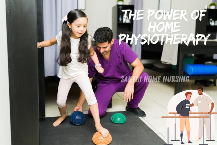 The power of home physiotherapy in Coimbatore by Sakthi Home Nursing. Physiotherapist guiding a young girl through balance exercises using therapy balance pods, showcasing effective in-home rehabilitation for all ages