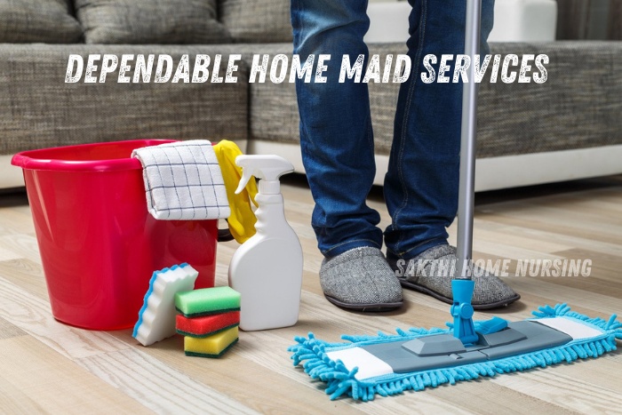 Dependable home maid services in Coimbatore by Sakthi Home Nursing. Professional cleaning supplies and equipment with a person mopping the floor in a cozy living room