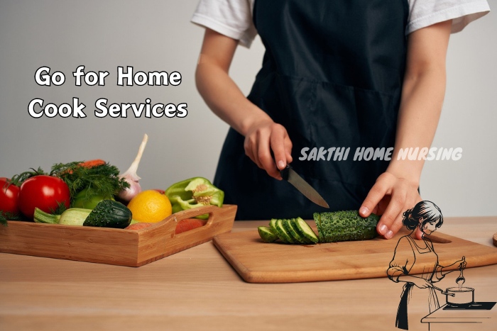 Professional home cook slicing cucumbers on a wooden cutting board, showcasing the fresh and healthy meal preparation offered by Sakthi Home Nursing Service in Coimbatore.