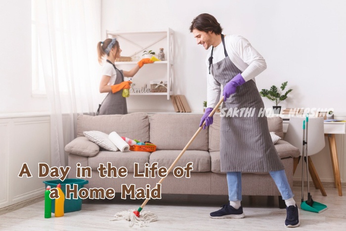 Two Sakthi Home Nursing Service maids cleaning a living room in Coimbatore, demonstrating efficient and thorough home cleaning services as part of their daily routine.