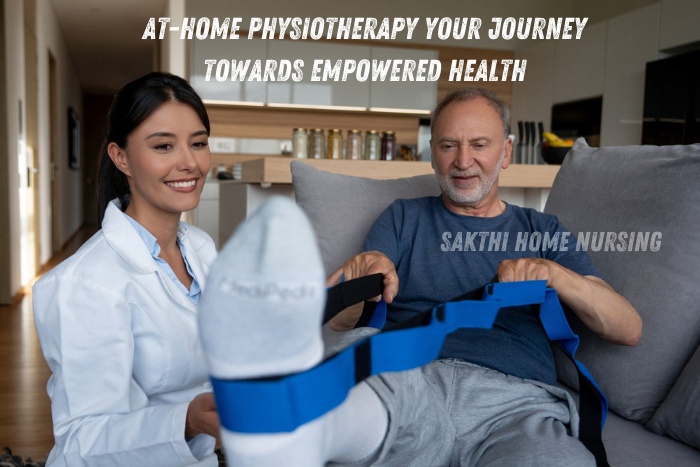 Sakthi Home Nursing Service physiotherapist assisting a senior man with leg exercises at home in Coimbatore, showcasing personalized at-home physiotherapy for empowered health.