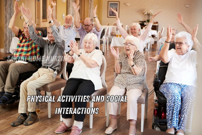 Group of joyful seniors participating in a chair exercise session, enhancing physical health and social interactions at a Sakthi Home Nursing Service facility in Coimbatore