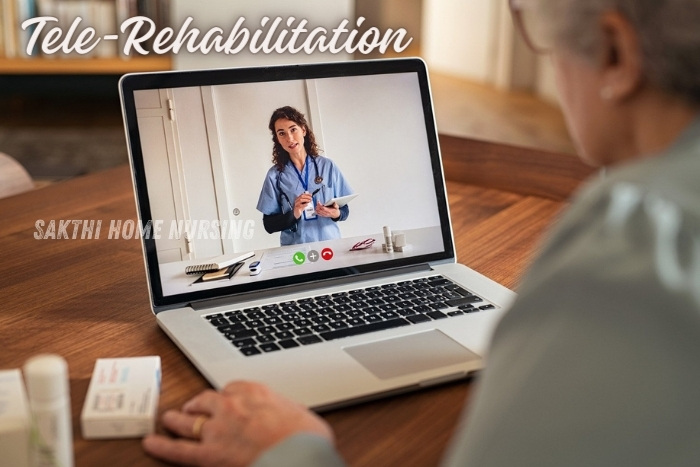 Elderly patient in Coimbatore engaging with a Sakthi Home Nursing Service therapist through a tele-rehabilitation session on a laptop, demonstrating innovative remote healthcare delivery.