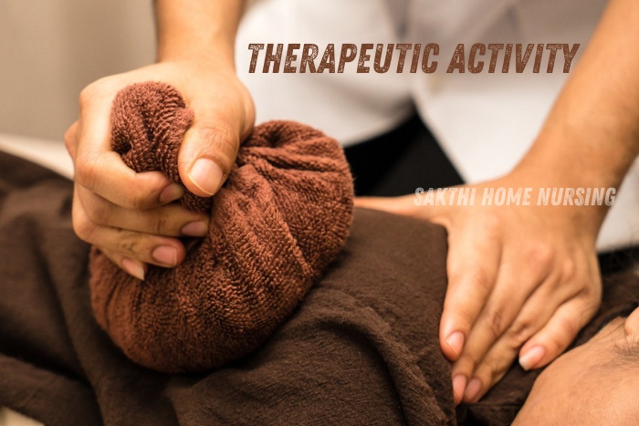 Close-up of a therapeutic session involving a Sakthi Home Nursing Service professional applying a warm compress in Coimbatore, demonstrating a comforting therapeutic activity for patients.