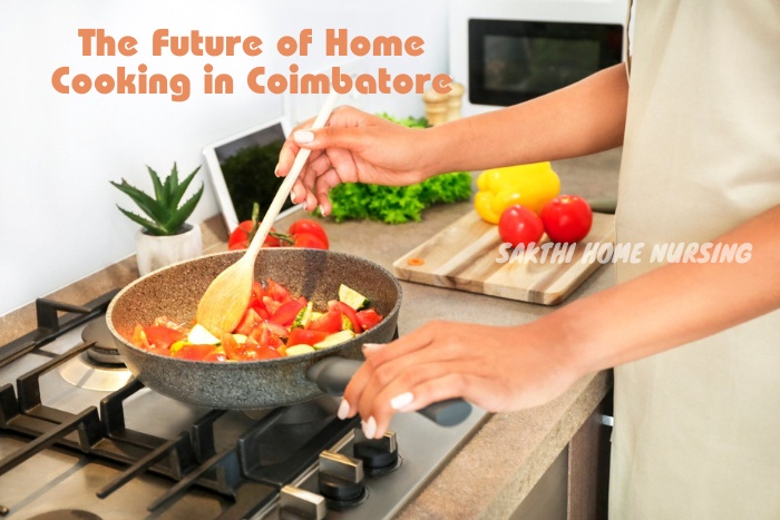 Close-up of hands preparing vegetables in a frying pan, highlighting the innovative and healthy home cooking services provided by Sakthi Home Nursing Service in Coimbatore.