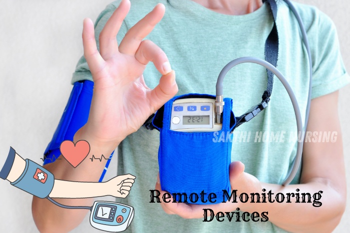 Remote monitoring devices in Coimbatore by Sakthi Home Nursing. Close-up of a person demonstrating a blood pressure monitoring device, showcasing the advanced technology used for real-time health tracking and home healthcare