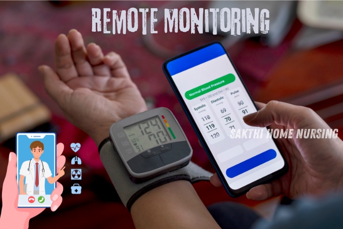 Remote monitoring services in Coimbatore by Sakthi Home Nursing. Close-up of a person using a digital blood pressure monitor and smartphone app to track health metrics, highlighting advanced home healthcare technology