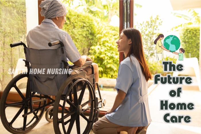 The future of home care in Coimbatore with Sakthi Home Nursing. Caregiver conversing with an elderly person in a wheelchair outdoors, emphasizing the evolution and compassionate approach of in-home healthcare services."