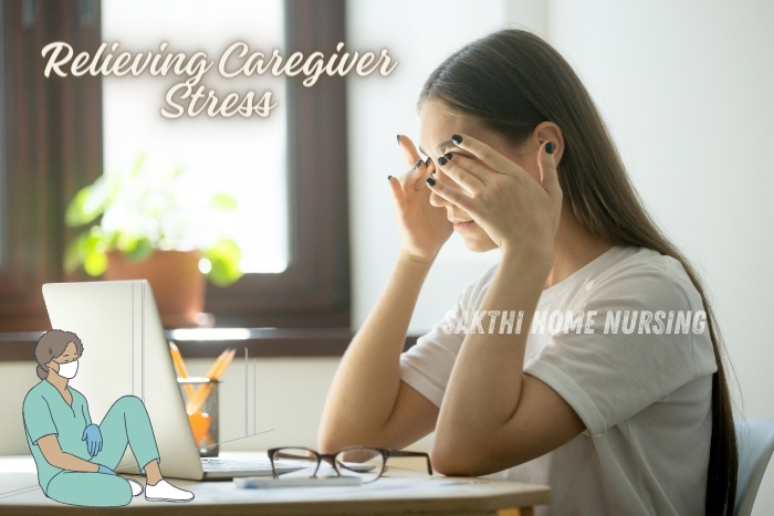 Relieving caregiver stress in Coimbatore with Sakthi Home Nursing. Stressed woman sitting at a desk with her head in her hands, emphasizing the importance of professional home care support for family caregivers