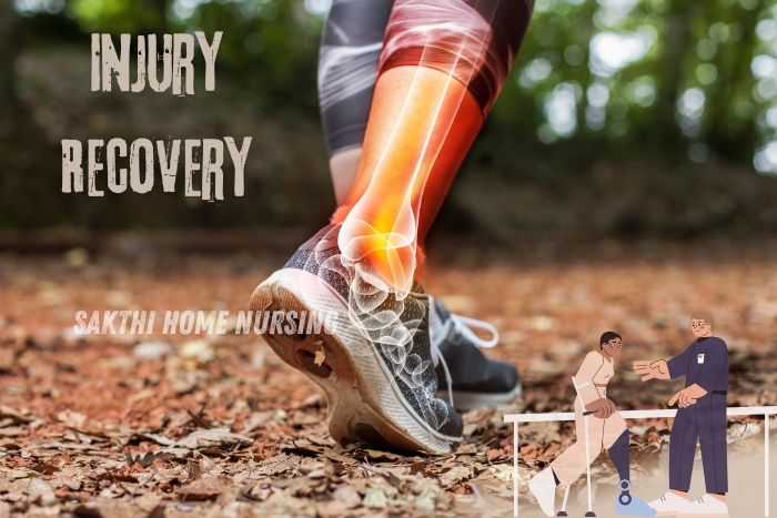 Injury recovery services in Coimbatore by Sakthi Home Nursing. Close-up of a runner's injured ankle, highlighting personalized at-home physiotherapy and rehabilitation for effective recovery