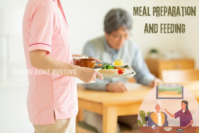 Meal preparation and feeding services in Coimbatore by Sakthi Home Nursing. Caregiver serving a nutritious meal to an elderly person, highlighting personalized meal assistance and dietary support at home.