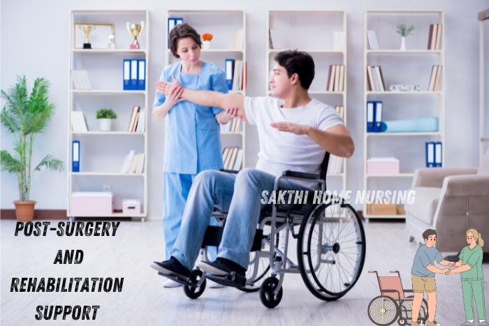 Post-surgery and rehabilitation support in Coimbatore by Sakthi Home Nursing. Nurse assisting a young man in a wheelchair with physical exercises, highlighting personalized recovery and rehabilitation services at home