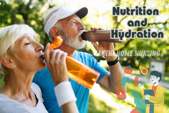 Nutrition and hydration services in Coimbatore by Sakthi Home Nursing. Elderly couple drinking water from bottles outdoors, highlighting the importance of proper nutrition and hydration for overall health and well-being