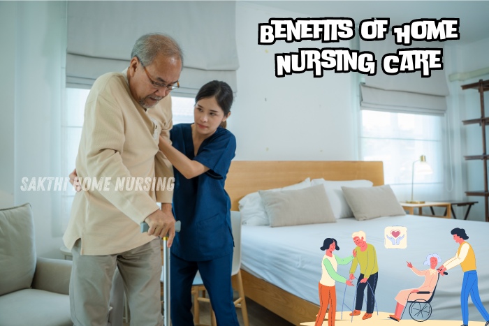 Benefits of home nursing care in Coimbatore by Sakthi Home Nursing. Nurse assisting an elderly man with mobility, highlighting the advantages of personalized and compassionate in-home healthcare services