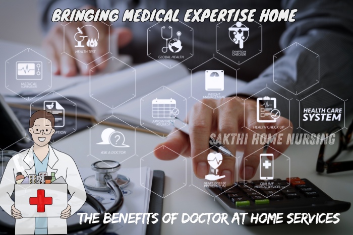 Bringing medical expertise home in Coimbatore with Sakthi Home Nursing. Doctor using advanced technology for home healthcare services, highlighting the benefits of having a doctor at home for personalized medical care