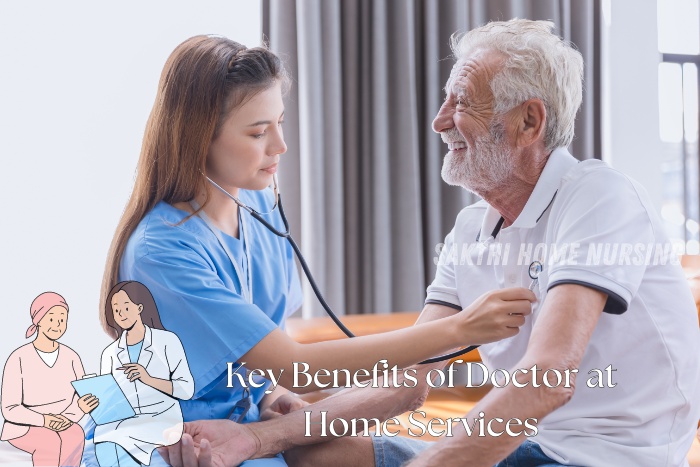 Key benefits of doctor at home services in Coimbatore by Sakthi Home Nursing. Nurse checking an elderly man's blood pressure, highlighting the convenience and personalized care of in-home medical services