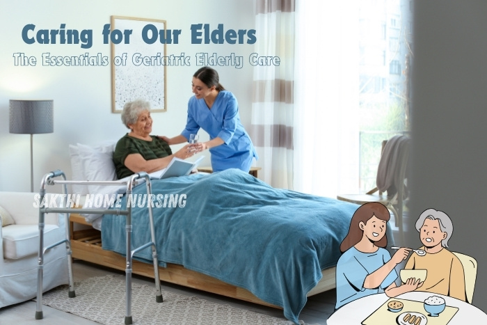 Caring for our elders in Coimbatore with Sakthi Home Nursing. Nurse assisting an elderly woman in bed, showcasing the essentials of geriatric elderly care and personalized support at home