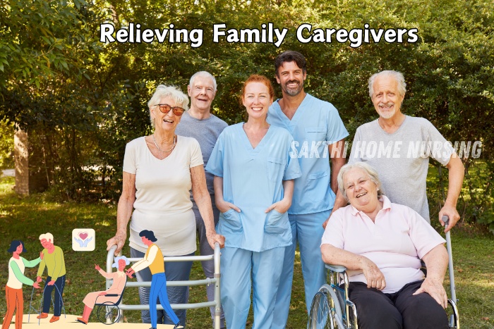 Relieving family caregivers in Coimbatore with Sakthi Home Nursing. Group of happy elderly individuals and caregivers outdoors, highlighting the support and respite provided to family caregivers through professional home care services